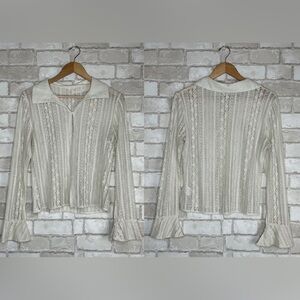 Commense Vintage Ivory Lace Button Up Long Sleeve Blouse Size XL